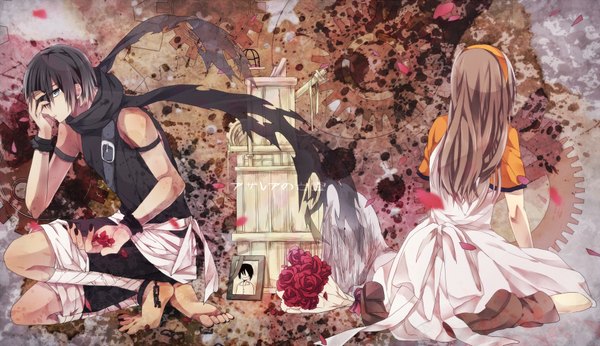 Anime picture 1734x1000 with nico nico singer ghost of azalea (nico nico singer) bis (nico nico singer) long hair fringe highres short hair black hair wide image bare shoulders nail polish barefoot aqua eyes wind from behind hair over one eye couple sleeveless kneeling torn clothes