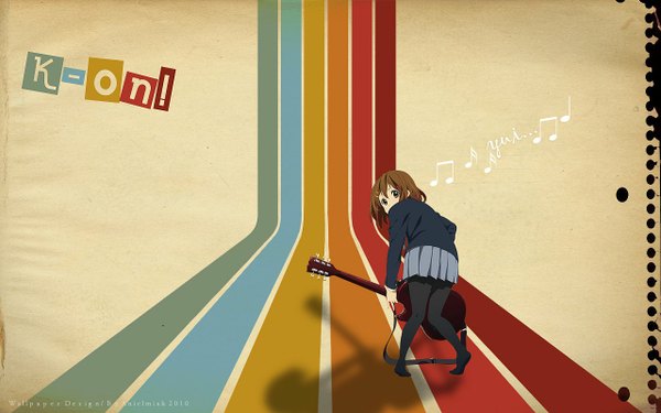 Anime picture 1280x800 with k-on! kyoto animation hirasawa yui single short hair brown hair wide image brown eyes looking back girl skirt uniform school uniform guitar musical note