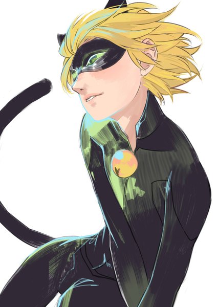 Anime picture 1280x1810 with miraculous ladybug adrien agreste chat noir yunkiyoe single tall image short hair blonde hair simple background white background green eyes animal ears tail animal tail wind cat ears cat tail bell collar boy bell