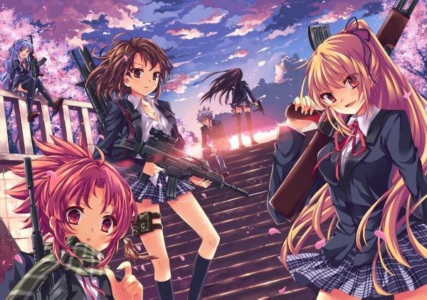 Anime picture 1200x845 with peach88 blonde hair red eyes brown hair multiple girls brown eyes blue hair cloud (clouds) red hair from behind cherry blossoms group scenic girl boy uniform weapon school uniform miniskirt scarf