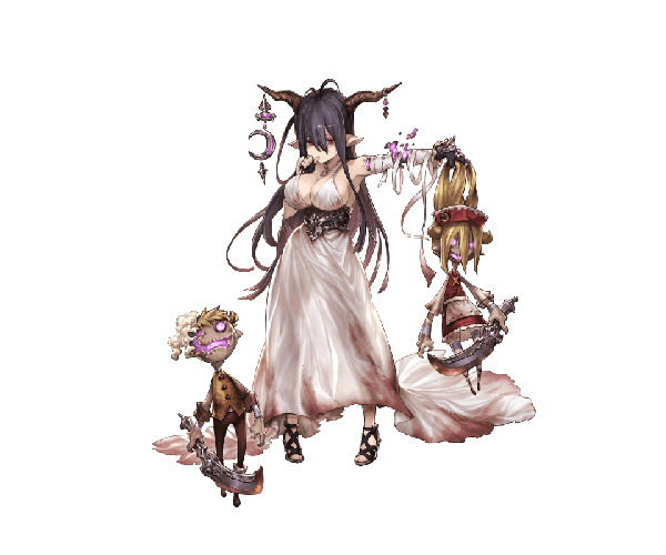 Anime picture 960x800 with granblue fantasy danua hansel (granblue fantasy) gretel (granblue fantasy) minaba hideo long hair fringe short hair breasts black hair brown hair large breasts standing bare shoulders holding cleavage full body horn (horns) pointy ears official art