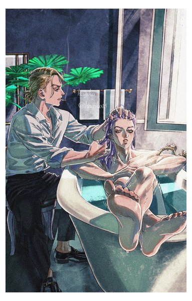 Anime picture 1181x1851 with jojo no kimyou na bouken melone prosciutto hagiko long hair tall image short hair light erotic blonde hair sitting signed purple hair indoors profile multiple boys partially submerged border smoke smoking hand on another's head