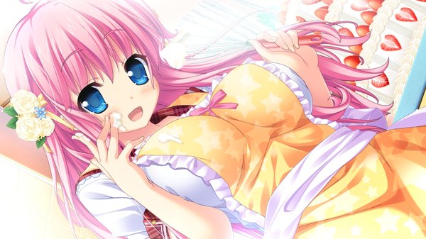 Anime picture 1280x720 with imouto paradise! imouto paradise! 2 nanase momoka itou life single long hair looking at viewer blush fringe breasts open mouth blue eyes smile hair between eyes wide image large breasts standing holding pink hair game cg