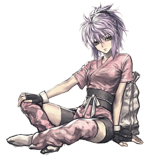 Anime picture 1000x1000 with hunter x hunter machi (hunter x hunter) iwai ryo single simple background white background sitting looking away pink hair ponytail grey eyes chinese clothes girl gloves fingerless gloves