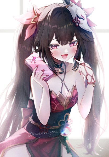 Anime-Bild 1292x1859 mit league of legends honkai: star rail honkai (series) sparkle (honkai: star rail) doyamona single long hair tall image looking at viewer blush fringe breasts open mouth smile brown hair standing twintails bare shoulders signed payot