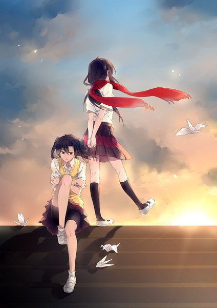 Anime picture 992x1403 with kagerou project shaft (studio) tateyama ayano enomoto takane domonekoteki long hair tall image sitting twintails multiple girls looking away sky cloud (clouds) pleated skirt black eyes hands behind back girl skirt uniform 2 girls