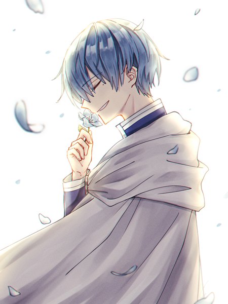 Anime picture 717x957 with sousou no frieren himmel (sousou no frieren) mototo single tall image fringe short hair simple background smile hair between eyes white background blue hair upper body eyes closed profile mole mole under eye boy flower (flowers) petals