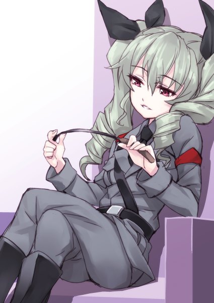 Anime picture 850x1200 with girls und panzer anchovy (girls und panzer) matsuryuu single long hair tall image simple background white background sitting purple eyes twintails looking away grey hair crossed legs drill hair girl uniform ribbon (ribbons) hair ribbon belt