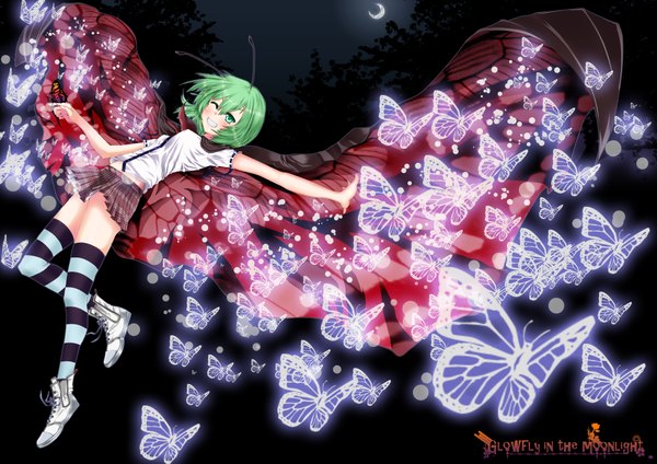 Anime picture 4092x2893 with touhou wriggle nightbug kumonji aruto single highres short hair green eyes absurdres one eye closed green hair wink night crescent insect girl girl thighhighs insect butterfly cloak striped thighhighs