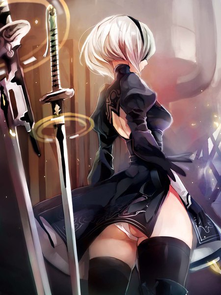 Anime picture 1275x1700 with nier nier:automata yorha no. 2 type b taishi (picchiridou) single tall image short hair light erotic standing ass white hair from behind puffy sleeves blindfold girl thighhighs dress underwear panties weapon
