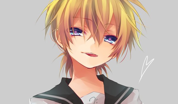 Anime picture 1800x1050 with vocaloid kagamine len kuroi (liar-player) single looking at viewer highres short hair blue eyes simple background blonde hair wide image grey background portrait licking boy heart tongue sailor suit