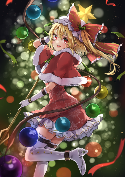 Anime picture 1157x1637 with touhou flandre scarlet shironeko yuuki single tall image fringe short hair blonde hair hair between eyes red eyes pointy ears one side up christmas snowflake print alternate wings girl gloves bow hat wings