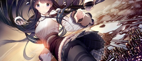 Anime picture 1680x720 with original atha (leejuiping) single long hair looking at viewer blush black hair wide image pantyshot city cityscape flying girl dress skirt underwear panties pantyhose