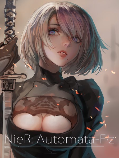 Anime picture 1200x1600 with nier nier:automata yorha no. 2 type b f.z single tall image fringe short hair breasts blue eyes light erotic simple background hair between eyes holding looking away silver hair upper body parted lips head tilt lips
