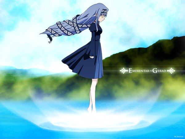 Anime picture 1280x960 with erementar gerad reverie metherlence 2kool4u single long hair standing signed full body profile barefoot wallpaper floating hair screencap redraw girl dress ribbon (ribbons) hair ribbon hairband blue dress