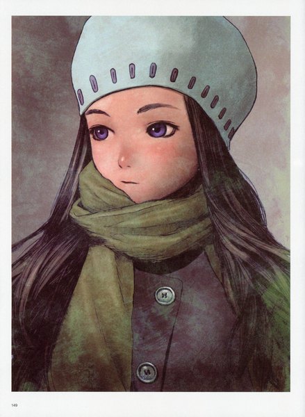 Anime picture 5092x6966 with futurelog (artbook) range murata single long hair tall image highres black hair purple eyes looking away absurdres upper body scan border expressionless girl hat scarf buttons coat