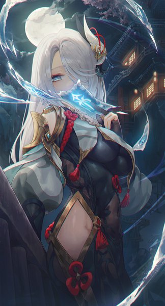 Anime picture 977x1810 with genshin impact shenhe (genshin impact) ttutto single long hair tall image looking at viewer fringe breasts blue eyes light erotic large breasts holding silver hair outdoors nail polish hair over one eye night puffy sleeves night sky