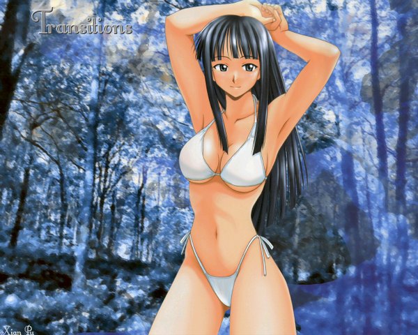 Anime picture 1280x1024 with love hina aoyama motoko long hair light erotic black hair smile grey eyes girl swimsuit bikini tree (trees) white bikini forest