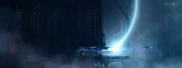 Anime picture 2200x825 with original shue13 highres wide image light smoke no people landscape space science fiction planet spacecraft