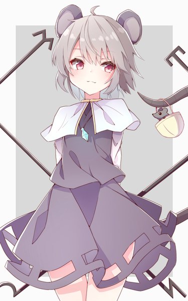 Anime picture 1000x1600 with touhou nazrin nankotsu single tall image short hair simple background red eyes standing animal ears looking away ahoge tail animal tail grey hair grey background border hands behind back outside border mouse ears