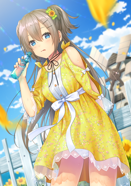 Anime picture 1000x1417 with original moe2018 daidai jamu single long hair tall image looking at viewer blush fringe blue eyes light erotic hair between eyes standing holding sky cloud (clouds) outdoors grey hair blurry two side up