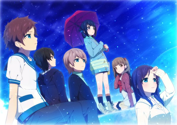 Anime picture 1200x847 with nagi no asukara p.a. works hiradaira chisaki shiodome miuna hisanuma sayu kihara tsumugu sakishima hikari isaki kaname ama mitsuki long hair short hair blue eyes black hair brown hair sitting multiple girls brown eyes sky cloud (clouds) multiple boys