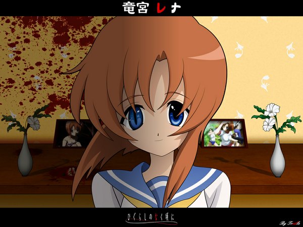 Anime picture 1024x768 with higurashi no naku koro ni studio deen ryuuguu rena single looking at viewer fringe short hair blue eyes brown hair signed payot upper body indoors head tilt shadow wallpaper copyright name letterboxed blood stains crazy eyes