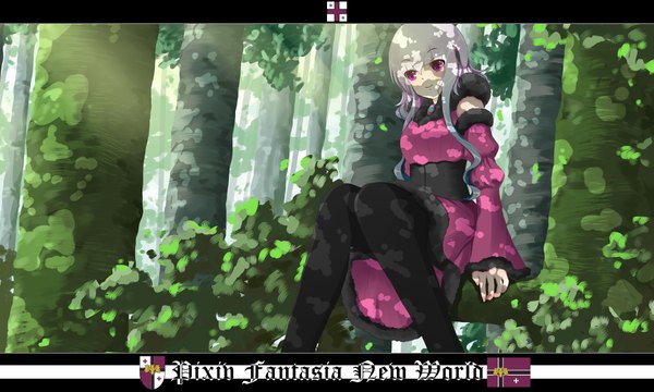 Anime picture 1800x1080 with pixiv fantasia new world dusk/dawn single long hair looking at viewer highres wide image sitting purple eyes white hair girl dress plant (plants) detached sleeves tree (trees)