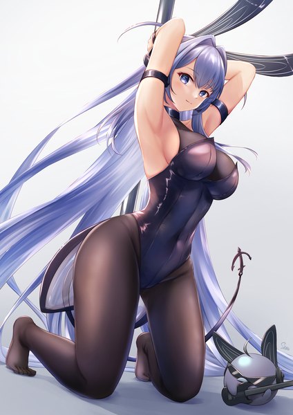 Anime-Bild 1273x1800 mit azur lane new jersey (azur lane) new jersey (exhilarating steps!) (azur lane) sebu illust single tall image looking at viewer blush fringe breasts blue eyes light erotic simple background smile hair between eyes large breasts signed animal ears blue hair full body