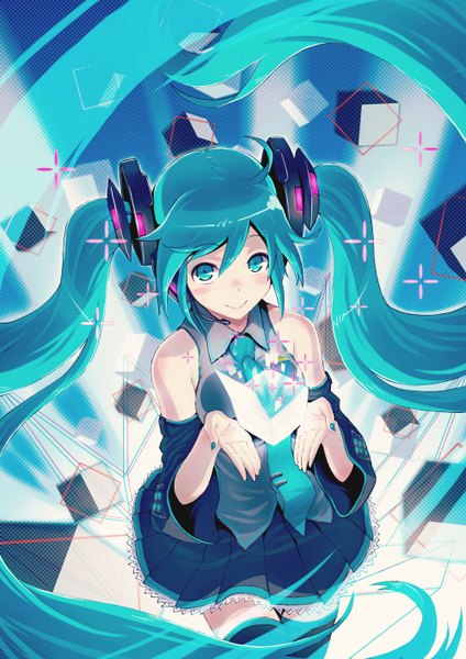 Anime picture 1000x1414 with vocaloid hatsune miku 40hara single tall image looking at viewer blush smile twintails very long hair aqua eyes aqua hair zettai ryouiki abstract girl thighhighs skirt detached sleeves miniskirt necktie