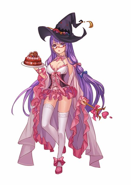Anime picture 800x1131 with touhou patchouli knowledge mio-muo1206 single long hair tall image looking at viewer open mouth light erotic simple background white background purple eyes purple hair halloween girl thighhighs dress white thighhighs glasses food
