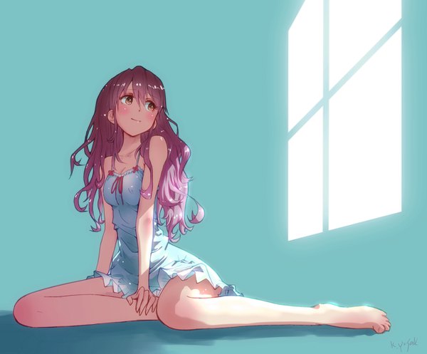 Anime picture 1317x1092 with original kagawa yuusaku single long hair fringe breasts light erotic simple background smile hair between eyes sitting bare shoulders brown eyes signed looking away pink hair purple hair full body barefoot sunlight