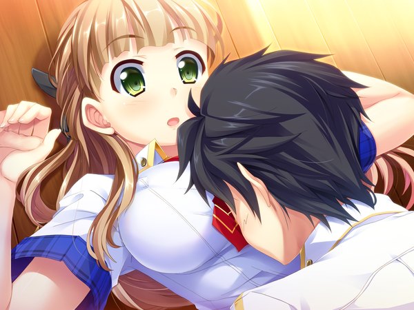 Anime picture 1600x1200 with dai ni ongakushitsu e youkoso!! itsushiro miyabi long hair short hair black hair blonde hair green eyes game cg girl boy uniform school uniform