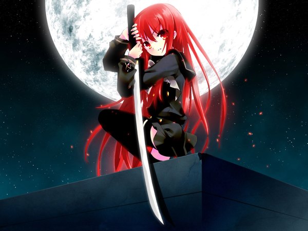 Anime picture 1600x1200 with shakugan no shana j.c. staff shana long hair highres red eyes sky outdoors red hair night sword moon star (stars)