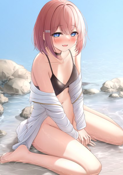 Anime picture 2894x4093 with original monaka curl single tall image looking at viewer blush fringe highres short hair open mouth blue eyes light erotic smile hair between eyes brown hair sitting sky bent knee (knees) outdoors long sleeves