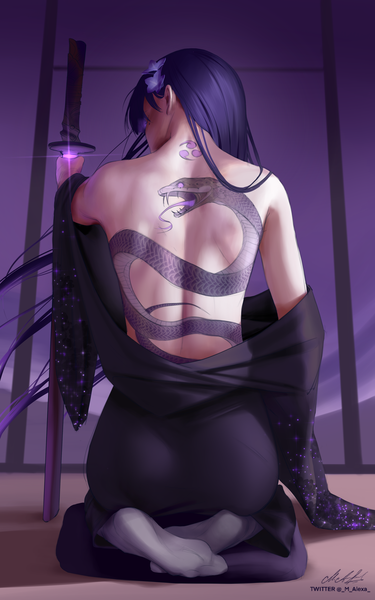 Anime picture 2500x4000 with genshin impact raiden shogun m alexa single long hair tall image highres light erotic sitting signed purple hair full body hair flower from behind off shoulder mole sparkle shadow tattoo mole under eye