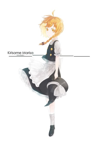 Anime picture 1127x1678 with touhou kirisame marisa crazyoton46 single long hair tall image looking at viewer simple background blonde hair standing white background yellow eyes full body ahoge braid (braids) wind short sleeves copyright name character names side braid