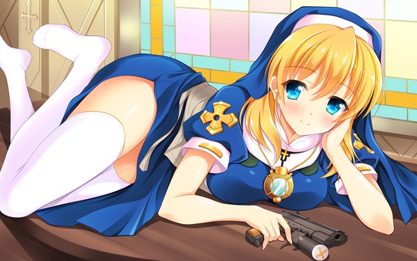 Anime picture 1600x1000 with chrono crusade gonzo rosette christopher bashen chenyue single long hair looking at viewer blush fringe blue eyes light erotic blonde hair hair between eyes lying side slit chin rest nun girl thighhighs weapon