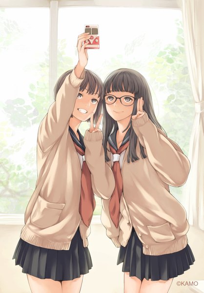 Anime picture 3000x4300 with original kamo (gafas) long hair tall image fringe highres short hair black hair smile brown hair standing multiple girls signed indoors pleated skirt arm up light smile black eyes leaning leaning forward