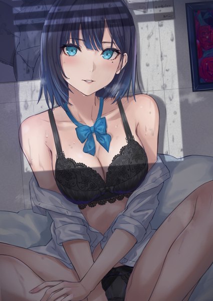 Anime picture 724x1023 with original eno (joqeve) single tall image looking at viewer blush fringe short hair breasts blue eyes light erotic sitting blue hair bent knee (knees) indoors blunt bangs parted lips off shoulder mole shadow