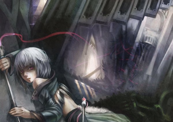 Anime picture 1415x1000 with original iroai mdd single short hair bare shoulders white hair pink eyes grey hair girl weapon sword