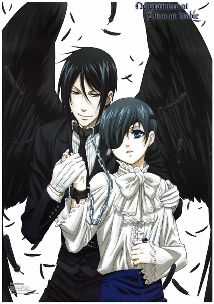 Anime picture 2340x3310 with kuroshitsuji a-1 pictures sebastian michaelis ciel phantomhive tall image looking at viewer highres short hair blue eyes black hair smile red eyes inscription multiple boys piercing striped black wings hand on another's shoulder butler aristocrat