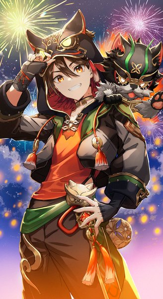 Anime picture 884x1618 with genshin impact gaming (genshin impact) man chai (genshin impact) mito itsuki single tall image looking at viewer fringe short hair smile hair between eyes brown hair standing yellow eyes mole hand on hip grin fireworks animal hood boy