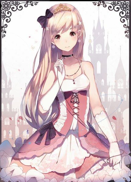 Anime picture 1261x1753 with original hadean92 single long hair tall image looking at viewer blush blonde hair brown eyes framed girl dress gloves hair ornament petals frills white gloves collar tiara castle