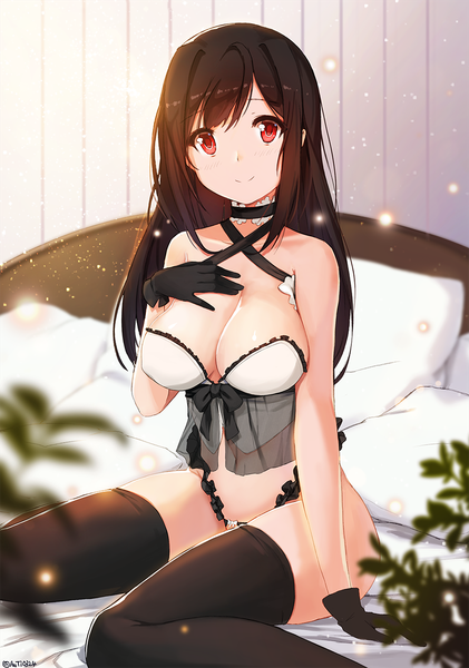Anime picture 900x1281 with original nuclear warhead (anti) single long hair tall image breasts light erotic black hair smile red eyes large breasts girl thighhighs gloves underwear panties black thighhighs black gloves bed