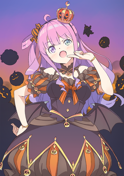 Anime picture 955x1351 with virtual youtuber hololive himemori luna luknight (himemori luna) kanzaki hiro single long hair tall image open mouth pink hair ahoge :d hand on hip heterochromia one side up halloween demon wings low wings girl dress