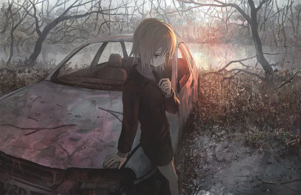 Anime picture 1600x1035 with original tokunaga akimasa single fringe short hair hair between eyes brown hair standing outdoors profile arm support grey eyes looking down bare tree river ruins girl plant (plants) tree (trees) ground vehicle