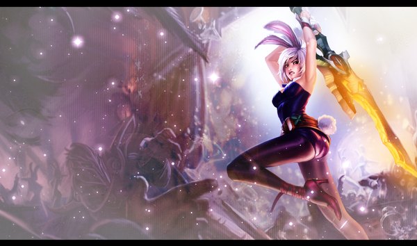 Anime picture 1215x717 with league of legends riven (league of legends) battle bunny riven looking at viewer short hair wide image white hair black eyes bunny ears bunny girl bunny tail girl weapon sword shoes bunnysuit