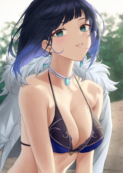 Anime picture 1500x2118 with genshin impact yelan (genshin impact) hyun9164 single tall image looking at viewer blush fringe short hair breasts light erotic black hair large breasts signed cleavage upper body blunt bangs parted lips multicolored hair aqua eyes