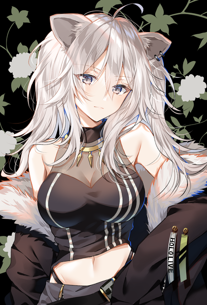 Anime picture 2508x3687 with virtual youtuber hololive shishiro botan shishiro botan (1st costume) myusha single long hair tall image looking at viewer blush fringe highres breasts simple background hair between eyes large breasts standing bare shoulders animal ears silver hair